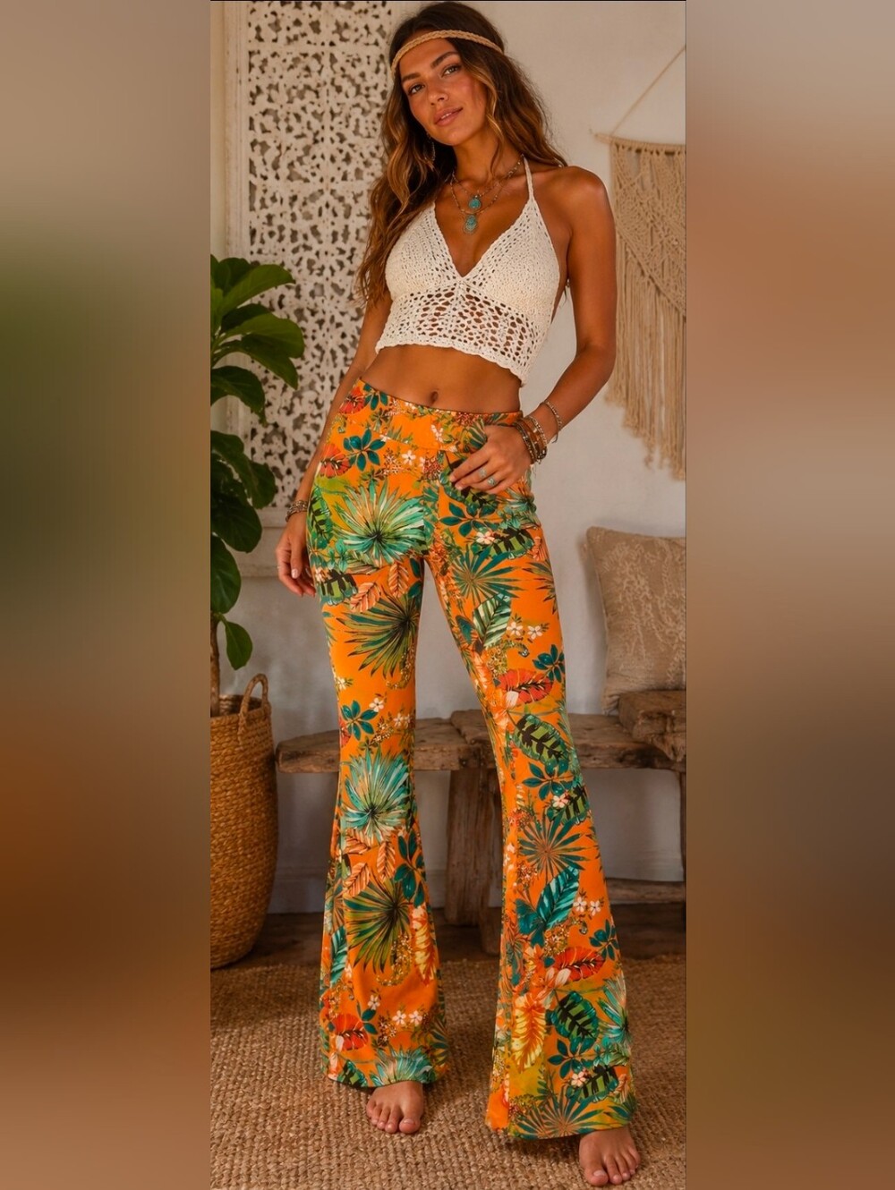 noflik High Waisted Flares in Tropical Orange SZ L